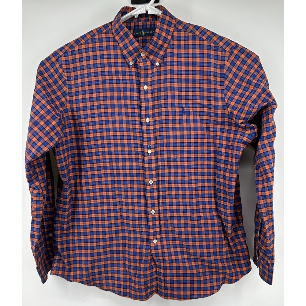 Polo Ralph Lauren Plaid Long Sleeve Button Down Flannel Shirt Orange Blue XL